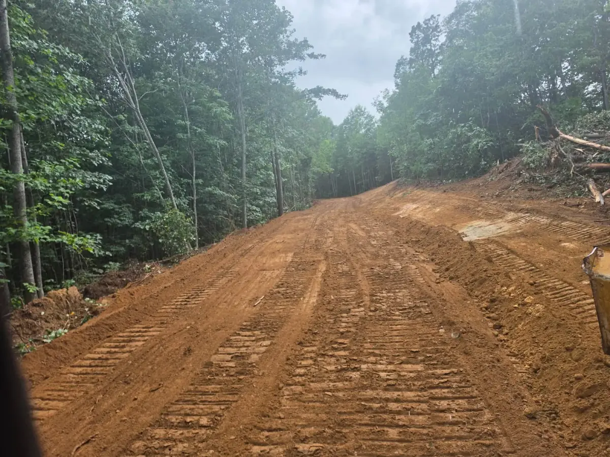 Freshly graded red-clay road cut through the woods by the H&L grading crew