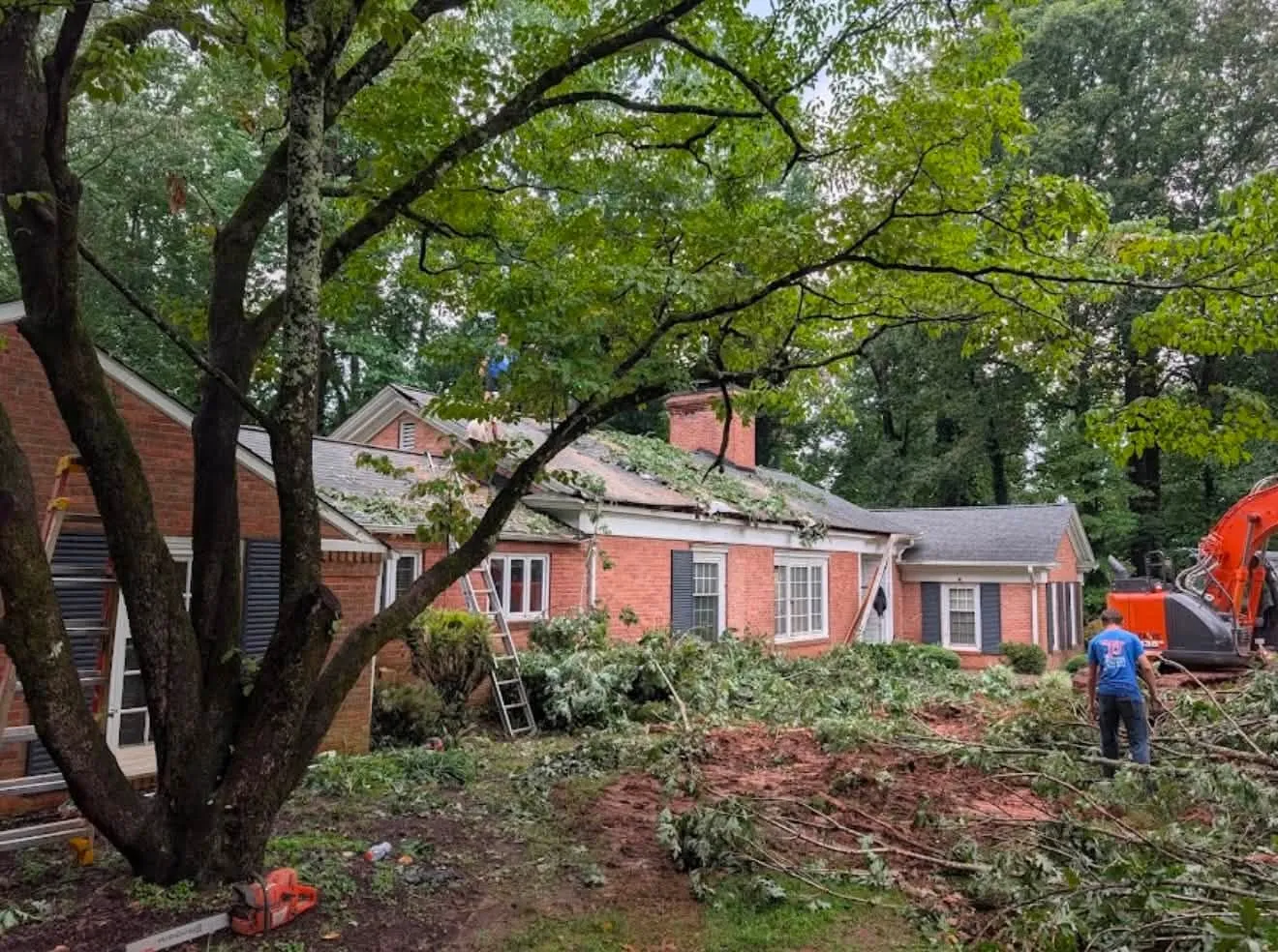 H&L tree crew clearing storm-damaged trees around a brick house