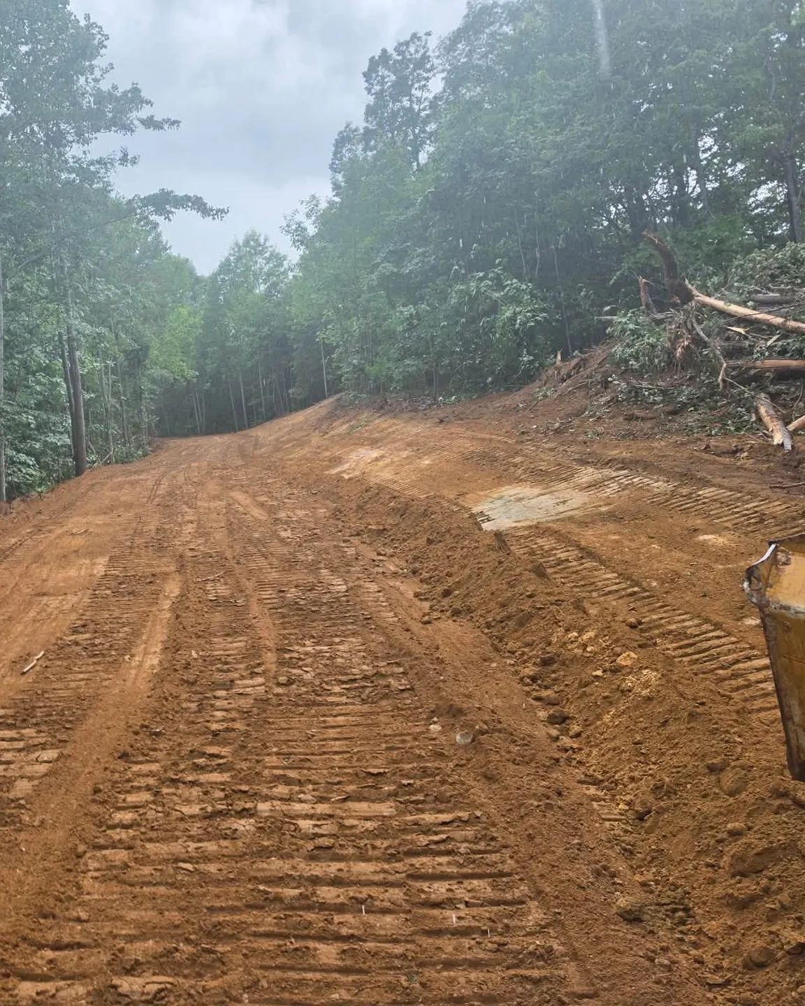 Freshly graded red-clay road cut through the woods by the H&L grading crew