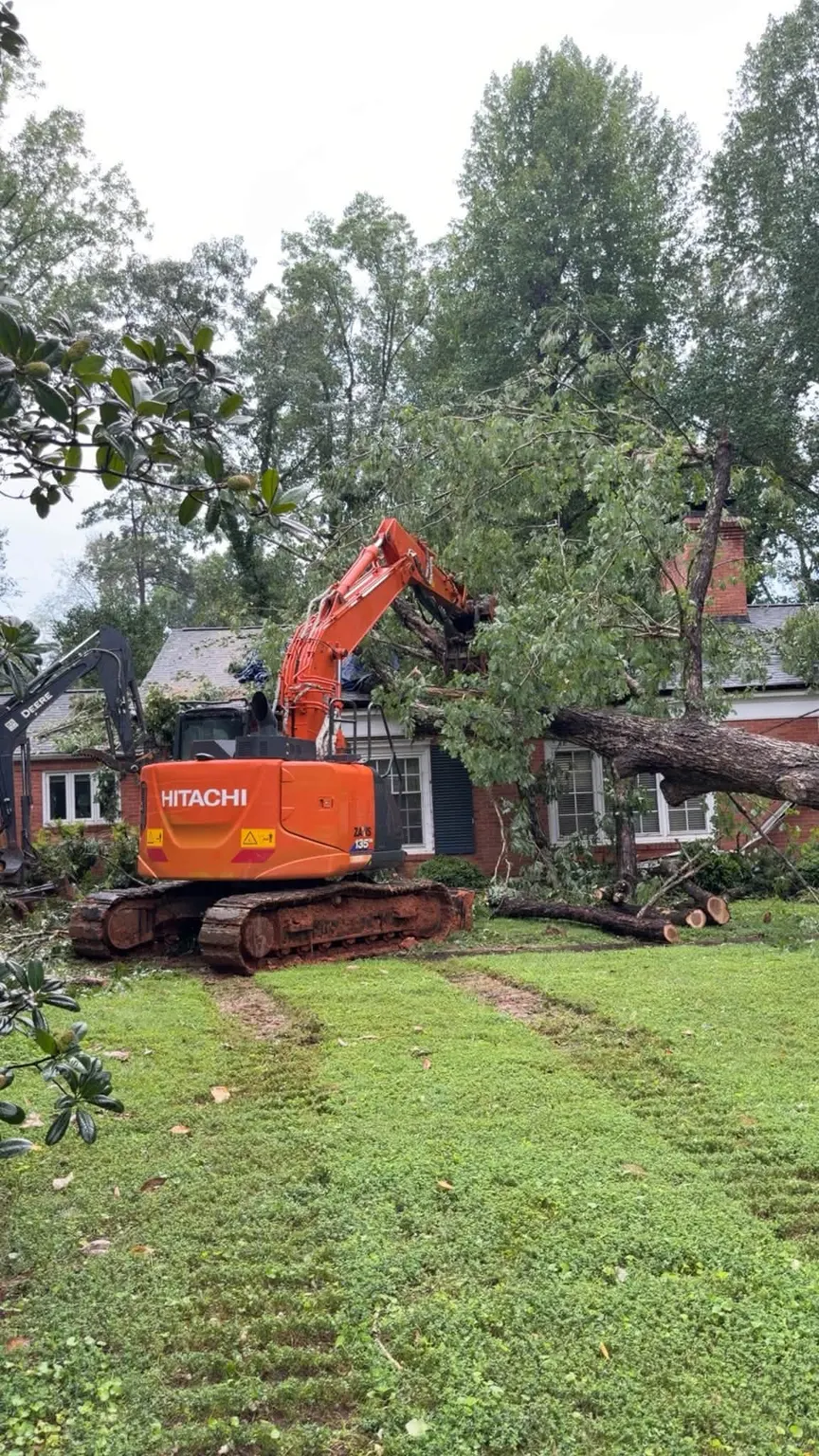 Excavator cleaning up a tree that fell on a house after a storm
